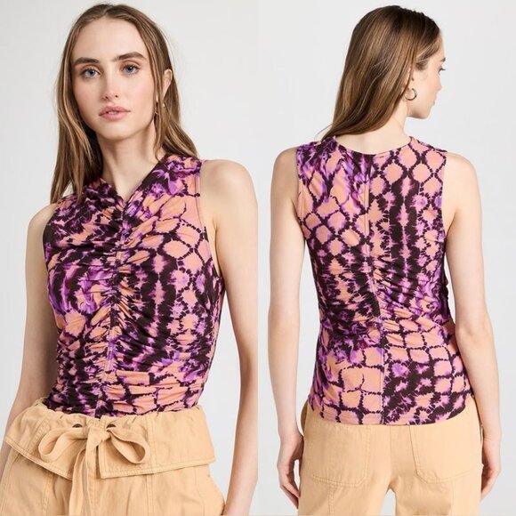 ULLA JOHNSON Allie Purple Print Ruched Tank Top In Wisteria - Picture 1 of 9